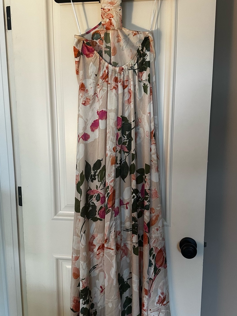NWT Aakaa Beige Halter Maxi Dress with Olive and Orange Floral Print Medium - Picture 5 of 6